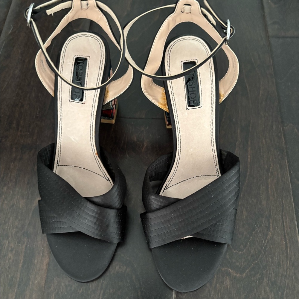 Topshop Black Sandals with Ankle Strap and Floral Block Heel